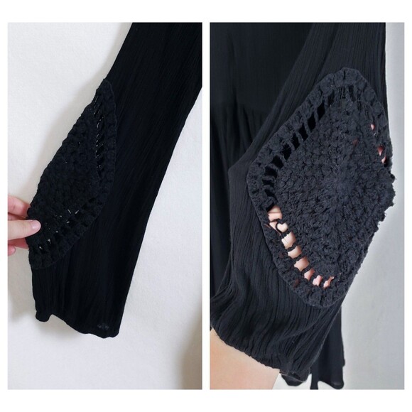 Volcom Babydoll Dress Womens M Black Gauze Y2K Beach Crochet Flowy Deep V - Picture 3 of 12
